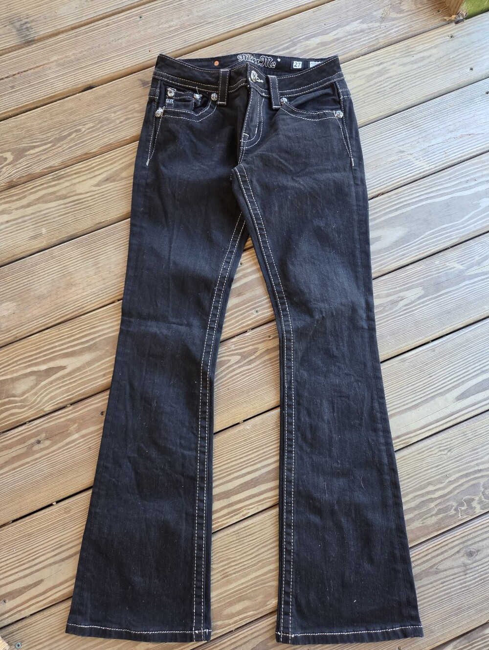 NWOT Miss Me Black Bootcut Jeans Size 27 Embellished Rhinestone Flap Pocket Y2K